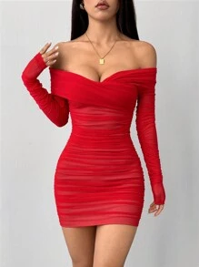 SHEIN PETITE 露肩褶饰网眼紧身外出黑色连衣裙 - 紅色 - 查看 6