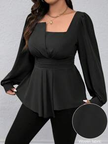 Rometta Blus Kasual Ukuran Besar dengan Bahu Asimetris, Lengan Raglan, Ikat Pinggang, dan Hem Bentuk Lentera untuk Wanita, Pakaian Musim Gugur - Hitam - View 7
