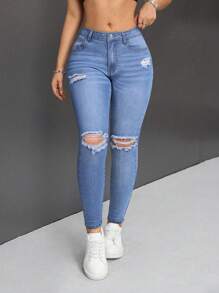 SHEIN PETITE Women's Front Button Pocket Distressed Casual Jeans - Medium Wash - View 6