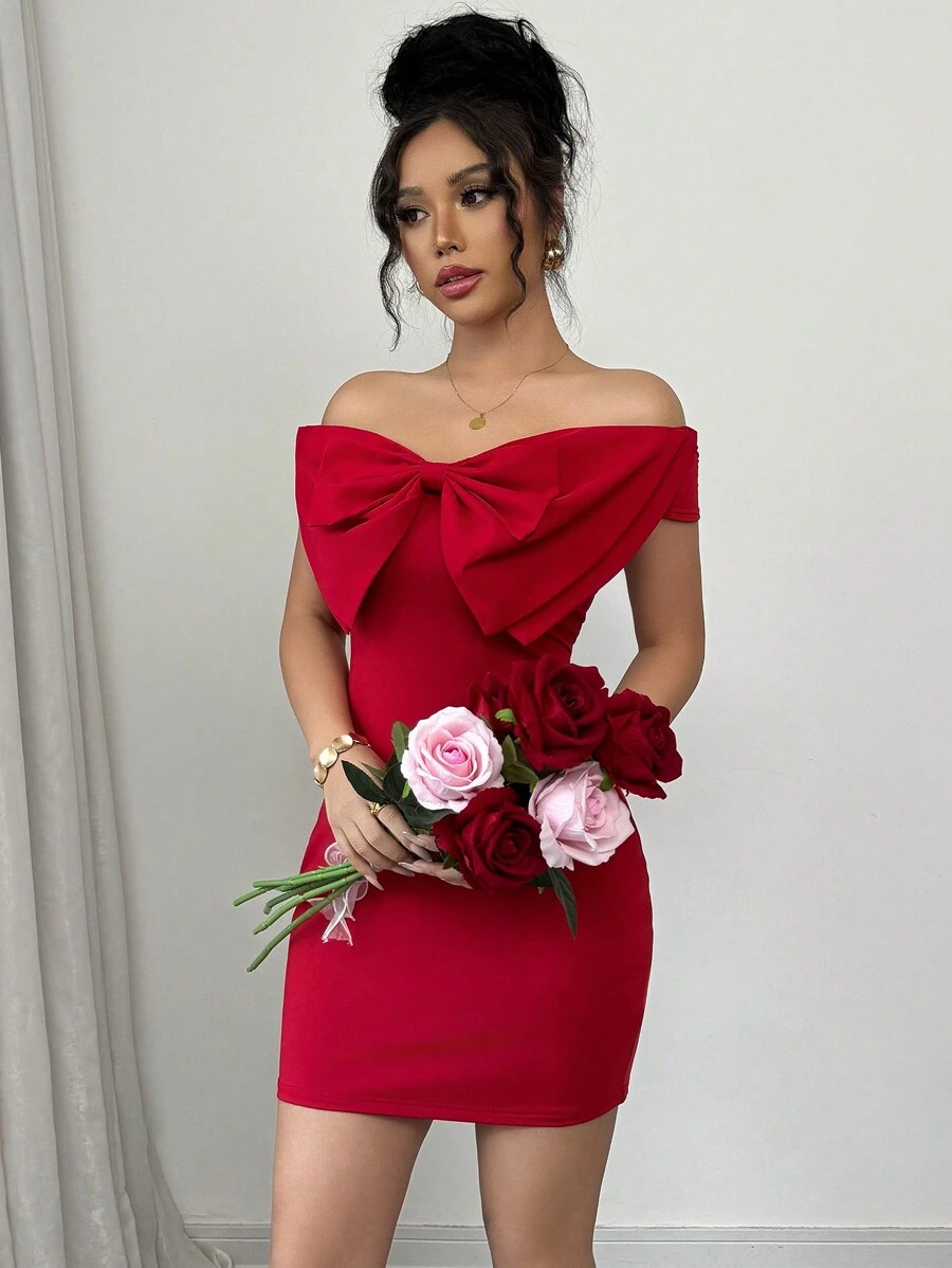 Elenzga Women's Elegant Romantic Red Big Bow Off Shoulder Ruched Midi ...