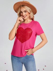 SHEIN LUNE 女式紫红色底色红心图案短袖 T 恤，情人节，外出上衣 - 粉色 - 查看 1