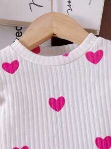 2pcs/Set Baby Girl Long Sleeve Round Neck Cap Sleeve Heart Print Top & Pink Skirt, Casual Outfit, Autumn - Pink - View 5