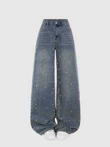 SHEIN Tienermeisjes Witte kralen Vintage Blauwe Losse Rechte Jeans