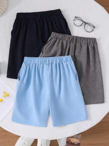 SHEIN 3pcs Tween Boys Multi-Pack Casual Solid Color Shorts, School, Campus, College