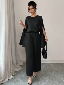SHEIN Unity 2 件套女士优雅圆领开衩袖衬衫和基本款，秋冬 - 黑色 - 查看 4
