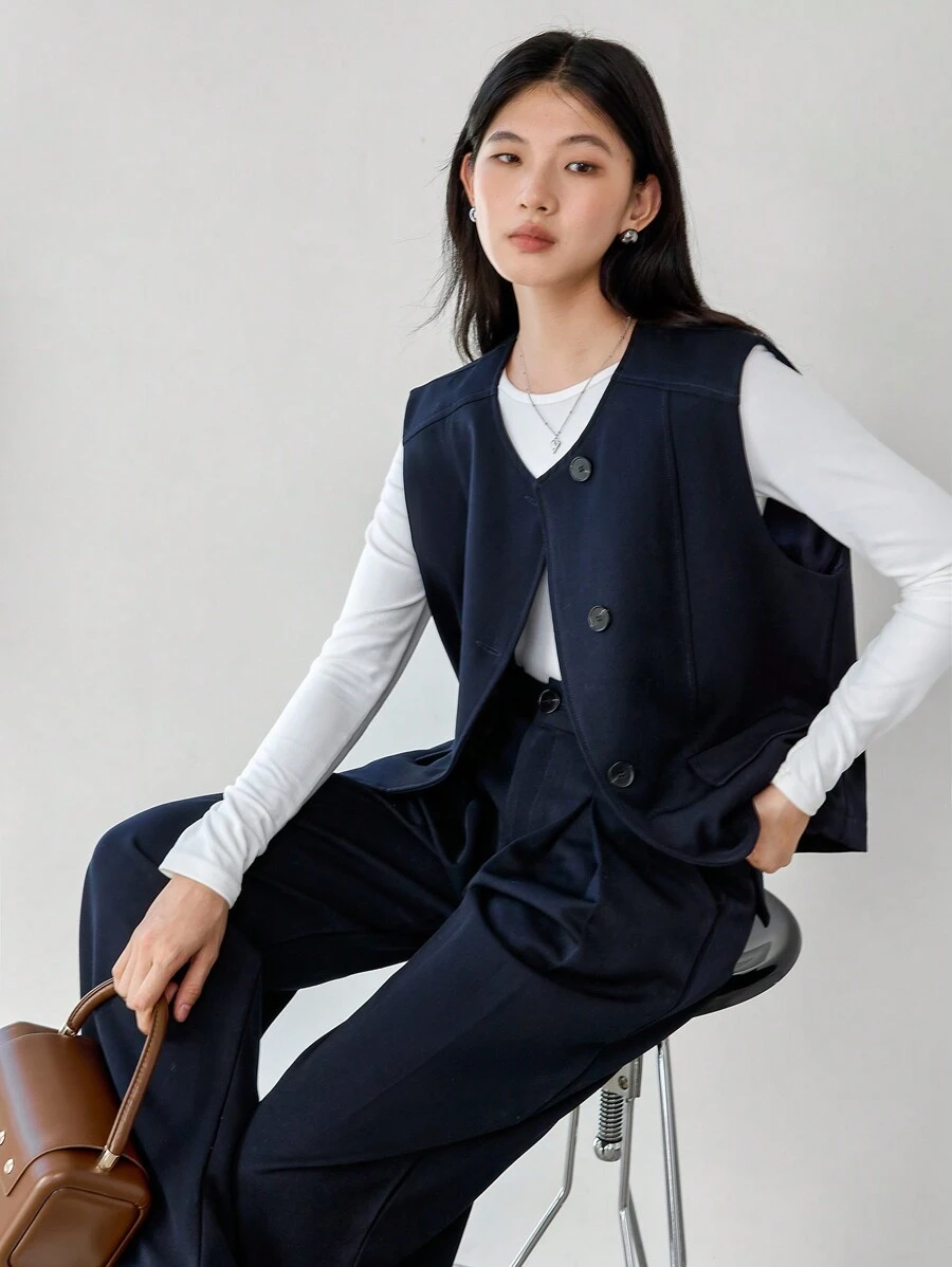 Dazy-Less 2 pièces/Set Pantalon droit ample de couleur unie décontracté pour femmes avec gilet, vêtements d'automne