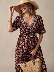 SHEIN Maternity Casual Floral Print Lantern Sleeve Dress