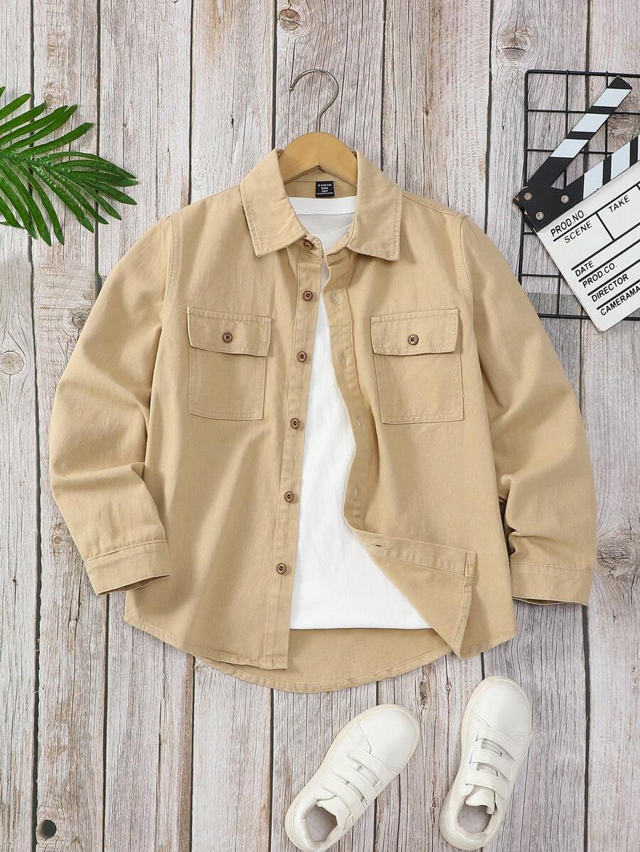 SHEIN Tween Boy's Casual Basic Denim Jacket Chic Outfits For Autumn/Winter - Khaki - View 1
