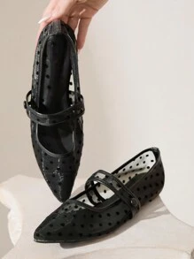 CUCCOO CHICEST Black Polka Dot Mesh Women's Pointed Toe Chic Flats Valentine's Day - Black - View 4