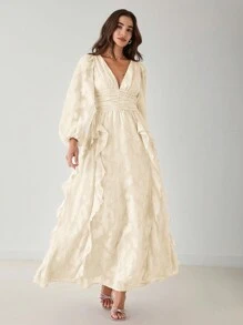 Enchnt 春夏浪漫女士杏色 V 领荷叶边长袖超长连衣裙，甜美优雅，适合情人节、生日、节日派对、甜蜜约会之夜、舞会、婚礼礼服、毕业季和假期 - 杏色 - 查看 8