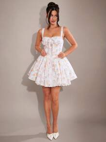 SHEIN BAE Women's Elegant Solid Black Short Sleeve Zippered Fitted Dress With Pleated, Simple And Sweet Style - White - View 7