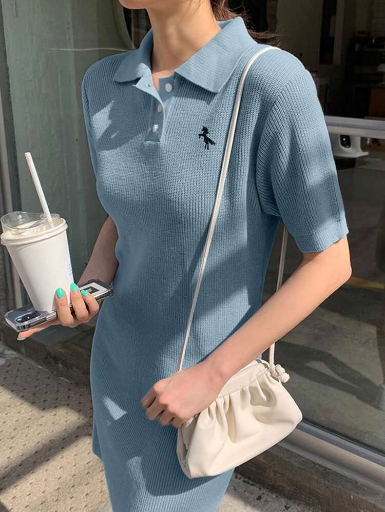 Women's Open-Front Collar Fitted Short Knitted Sweater Dress, Light Blue, Spring/Summer