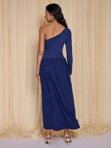 COSMINA Women's Modest Elegant Navy Blue Ruched Oblique Shoulder Dress, Spring/Summer - Blue - View 2