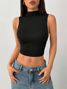 SHEIN PETITE Black Mock Neck Ruched Tank Top Simple Fashionable Daily Casual