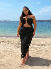 SHEIN SXY Plus Size Resort Wear Beach Vacation Summer Textured Fabric Fringe Tassels Crop Halter Top & High Side Slit Skirt Two Pieces Set For Vacation,Holiday Outfits Boho - Black - View 4