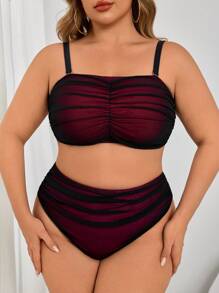 大码女式褶饰休闲夏季海滩度假泳装比基尼套装 - 黑色 - 查看 3