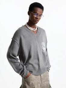 NEON BLANC Men's Streetwear V-Neck Loose Short Style Long Sleeve Sweater, For Fall Winter - Grey - View 3