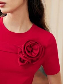 ZEYLAH STEREO FLORAL Rose SHORT SLEEVE T-SHIRT FOR Valentine's Day, NEW YEAR,SPRING/SUMMER - Red - View 2