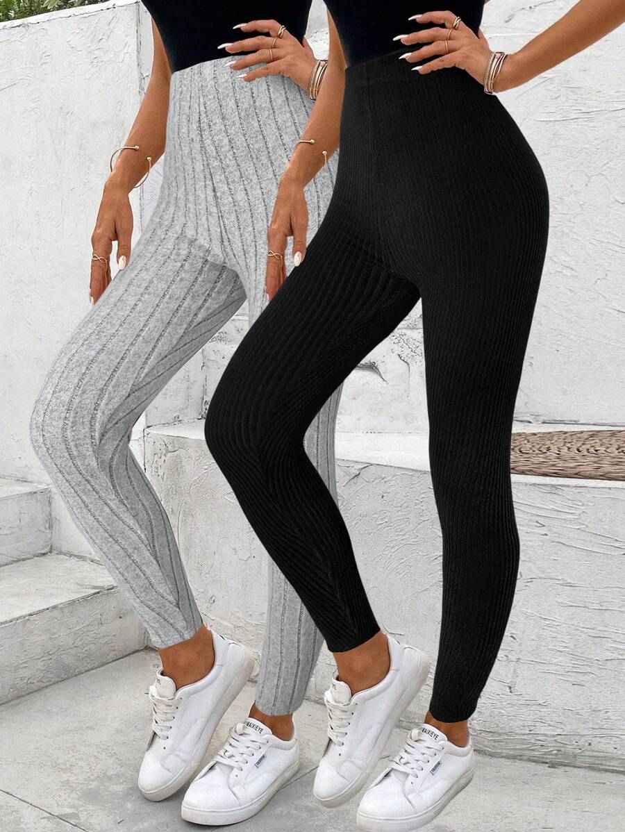 SHEIN LUNE 2 Pcs Women Casual Ribbed Leggings, Versatile Workout Sets Women Summer Outfits For Women - Multicolor - View 1