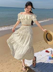 DAZY 1 Set Women Dot Pattern Off-Shoulder Ruffle Top & Skirt Two-Piece Outfit - Beige - View 1