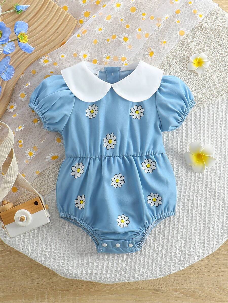 1pc Baby Girls Daisy Floral Print Lapel Summer Bodysuit