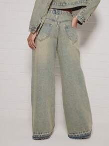 SUMWON WOMEN 设计师款超大阔腿牛仔裤，采用原始下摆设计，复古风格的漂白牛仔布，高腰男友风格，非常适合春夏休闲装