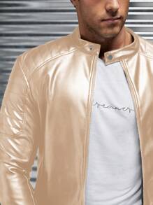 Manfinity LEGND Men's Solid Color Front Zipper Long Sleeve Pocket Casual Jacket, Minimalist Design, For Fall Winter - Camel - View 6