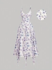 SHEIN MOD Women's Floral Print Patchwork Ruffle Hem Slip Midi Dress,Smudged Purple Plum Blossoms, Ribbon Mesh Asymmetrical Waistline, - Multicolor - View 1