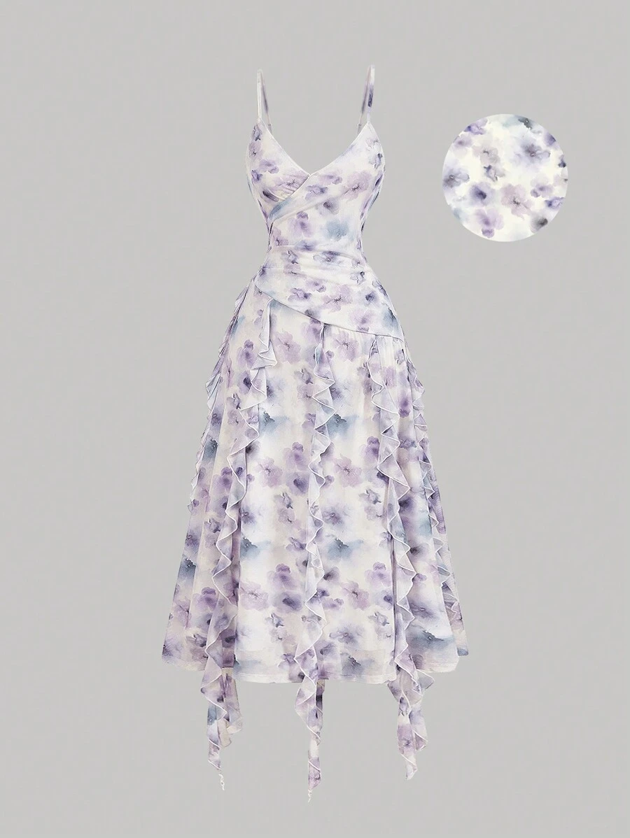 SHEIN MOD Women's Floral Print Patchwork Ruffle Hem Slip Midi Dress,Smudged Purple Plum Blossoms, Ribbon Mesh Asymmetrical Waistline, - Multicolor - View 1