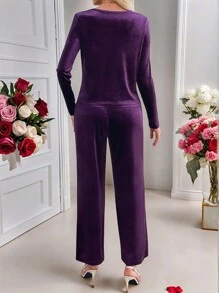 EMERY ROSE Valentines Clothes 2pcs Women Elegant Solid Color Ruched Asymmetrical Hem Long Sleeve Top And Pants Set,