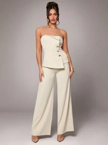 Silquee Áo khoác blazer trễ vai cho nữ, màu trơn cao cấp, trang trí khóa kim loại màu be, áo vest đi làm bằng kim loại vàng bất đối xứng, có lót, thanh lịch và thời trang, trang phục công sở giản dị, trang phục công sở mùa xuân và mùa hè cho nữ, áo khoác blazer ống kiểu vest cho nữ, thiết kế không viền thông thường, áo nghệ thuật cho nữ, chỉ có thể kết hợp áo với quần, bộ 2 món cho nữ - Màu be - Xem 2