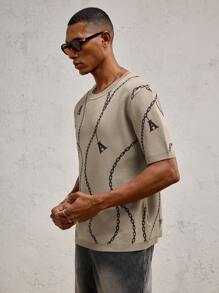 AKNOTIC Party Men's Casual Khaki Chain Letter Jacquard Knitted Oversized Crew Neck Sweater, Suitable For Daily Wear And Vacation, Spring/Summer - Khaki - View 6