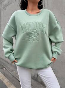 Cotton Letter Embroidery Drop Shoulder Thermal Lined Sweatshirt - Green - View 3