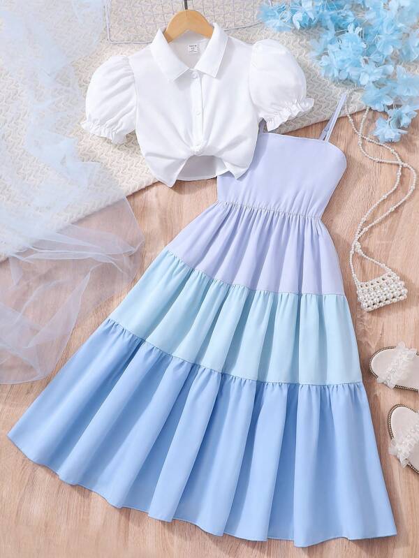 2pcs/Set Tween Girls Casual Light Shirt + Ombre Camisole Dress Summer Outfits,Holiday,Summer,Travel