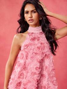 EZG Váy ngắn cổ chữ A viền bèo nhún bằng vải voan màu hồng thanh lịch của nhà thiết kế, tiệc cưới, trang phục sinh nhật, ngày lễ tình nhân, lễ hội, trang phục hòa nhạc, trang phục lễ hội rave, màu phấn, váy dạ hội - Hồng - Xem 3