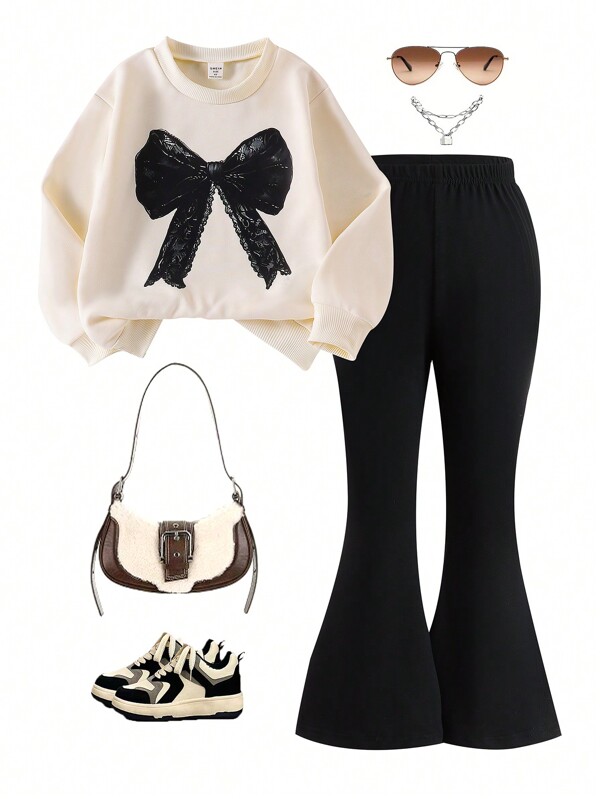 SHEIN Set de 2 piezas para niña - Top de manga larga con estampado de lazo en color albaricoque y pantalones de pierna acampanada negros, conjunto lindo y cómodo para uso diario en primavera/otoño