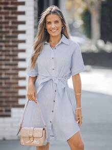 SHEIN LUNE Women's Blue & White Striped Short Sleeve Slit Cuff Open Front Shirt Dress - Blue and White - View 1