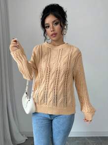 SHEIN Unity Casual Solid Color Hollow Knit Drop Shoulder Sweater Knit Pullover Fall Winter Sweater - Khaki - View 4