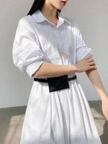 DAZY 休闲宽松纯色衬衫式中长连衣裙，带大口袋，适合女性，秋季商务休闲女装工作服长袖连衣裙/长款连衣裙 - 白色 - 查看 6