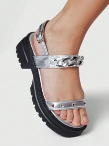 ROMWE Grunge Punk Women's Silver Gladiator Sandals, Summer Open Toe Beach Sandals With Metal Chain Accent, Platform Wedge Heel - Silver - View 3