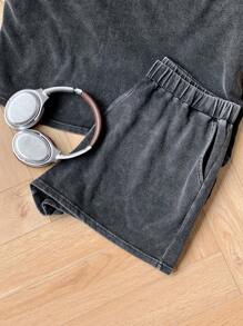 Comfortcana Conjunto de 2 piezas talla grande: Camiseta de manga corta de cuello redondo negra y shorts, ropa de primavera y verano