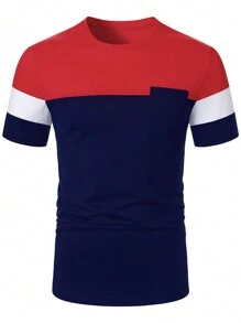 Manfinity Homme Camiseta casual de manga corta y cuello redondo para hombre, de color liso con panel contrastante en un diseño minimalista