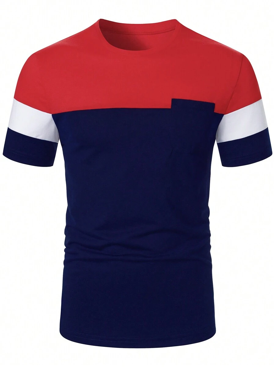 Manfinity Homme Camiseta casual de manga corta y cuello redondo para hombre, de color liso con panel contrastante en un diseño minimalista