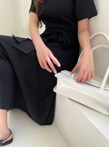 DAZY 女式纯色圆领抽绳腰修身中长连衣裙，黑色，春夏，休闲女装 - 黑色 - 查看 3