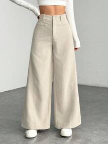SHEIN PETITE Women's Solid Color Front Button Casual Wide Leg Pants, Suitable For Daily Wear