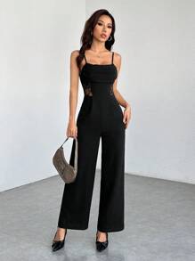 SHEIN PETITE 夏季垂坠领黑色连体裤、复古蕾丝镂空、阔腿连体裤、婚礼女士连体裤、秋冬连体裤、教师服装、老款连体裤、商务休闲连体裤、早午餐连体裤、外出连体裤、正式连体裤 - 黑色 - 查看 7