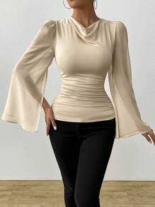 SHEIN LUNE Elegant Apricot V-Neck Draped Waist Ruffle Slit Cape Sleeve Women Top