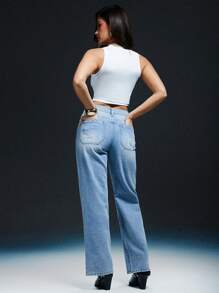 Denimoi Layered Waistband Contrast Wash Jeans - Light Wash - View 3