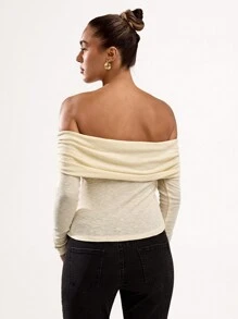 SHEIN BAE Women Off Shoulder Front Button Long Sleeve Minimalist Top - Apricot - View 2