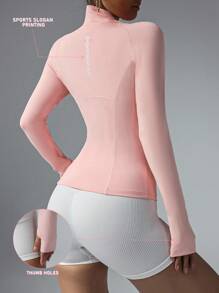 Easithlete Autumn/Winter Long Sleeve Sports Jacket With Thumb Hole And Slogan Print - Pink - View 1